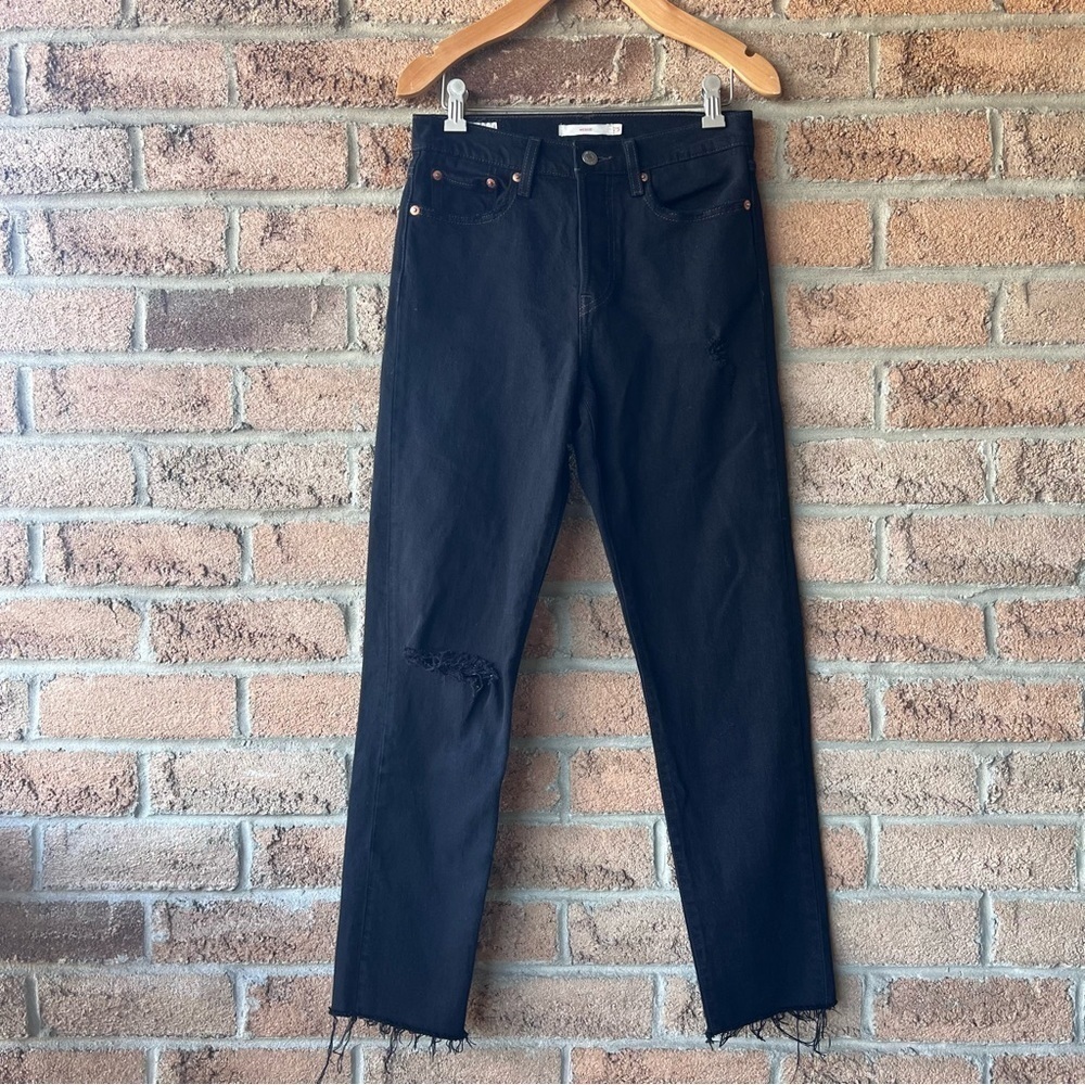 LEVI’S Wedgie Skinny Jeans Black Distressed High Rise Raw Hem 25 - Picture 2 of 16